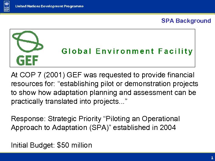 SPA Background At COP 7 (2001) GEF was requested to provide financial resources for: