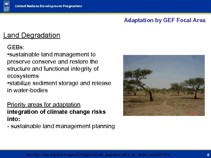 Adaptation by GEF Focal Area Land Degradation GEBs: • sustainable land management to preserve