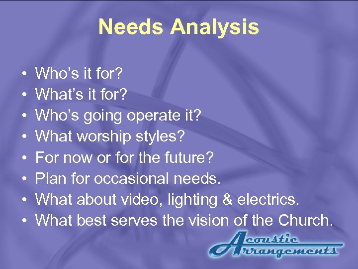 Needs Analysis • • Who’s it for? What’s it for? Who’s going operate it?