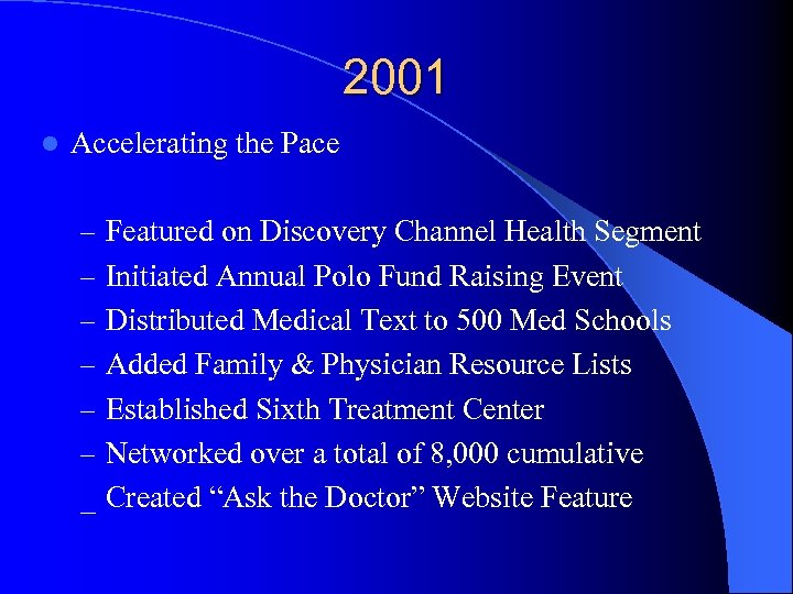 2001 l Accelerating the Pace – Featured on Discovery Channel Health Segment – Initiated