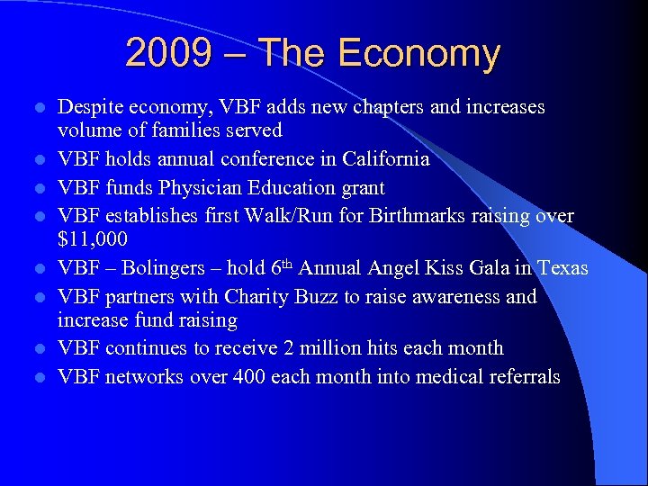 2009 – The Economy l l l l Despite economy, VBF adds new chapters