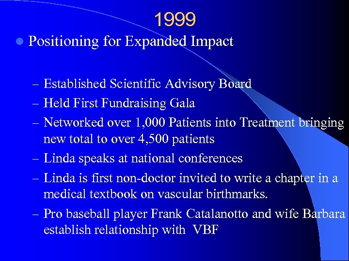 1999 l Positioning for Expanded Impact – Established Scientific Advisory Board – Held First
