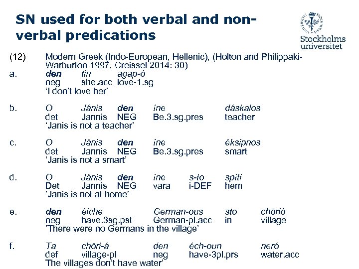 SN used for both verbal and nonverbal predications (12) a. Modern Greek (Indo-European, Hellenic),