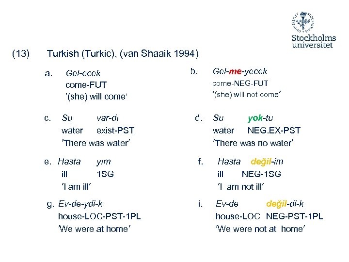 (13) Turkish (Turkic), (van Shaaik 1994) a. c. Gel-ecek come-FUT ’(she) will come’ Su