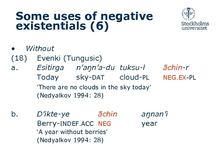 Some uses of negative existentials (6) • Without (18) Evenki (Tungusic) a. Esitirga n’aŋn’a-du