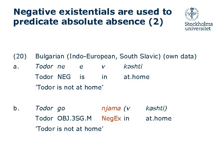 Negative existentials are used to predicate absolute absence (2) (20) Bulgarian (Indo-European, South Slavic)