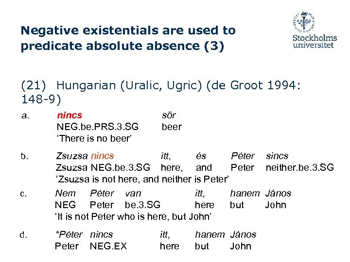 Negative existentials are used to predicate absolute absence (3) (21) Hungarian (Uralic, Ugric) (de