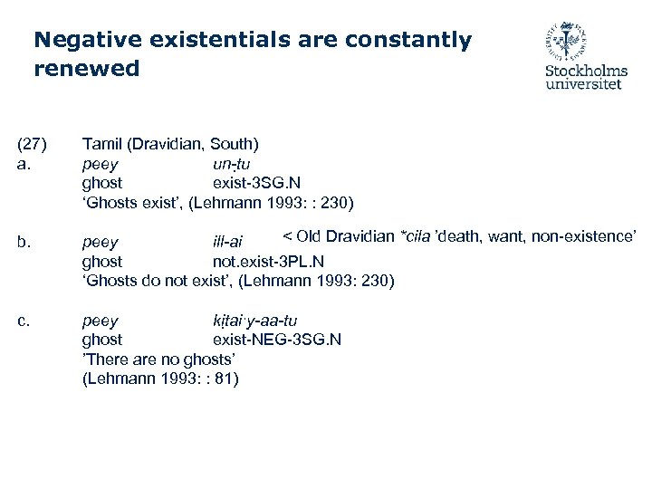 Negative existentials are constantly renewed (27) a. Tamil (Dravidian, South) peey un-t u ghost