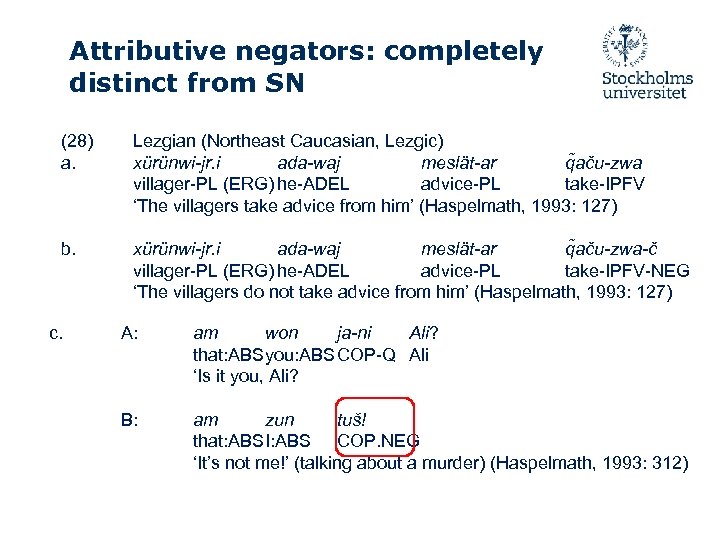 Attributive negators: completely distinct from SN (28) a. Lezgian (Northeast Caucasian, Lezgic) xürünwi-jr. i