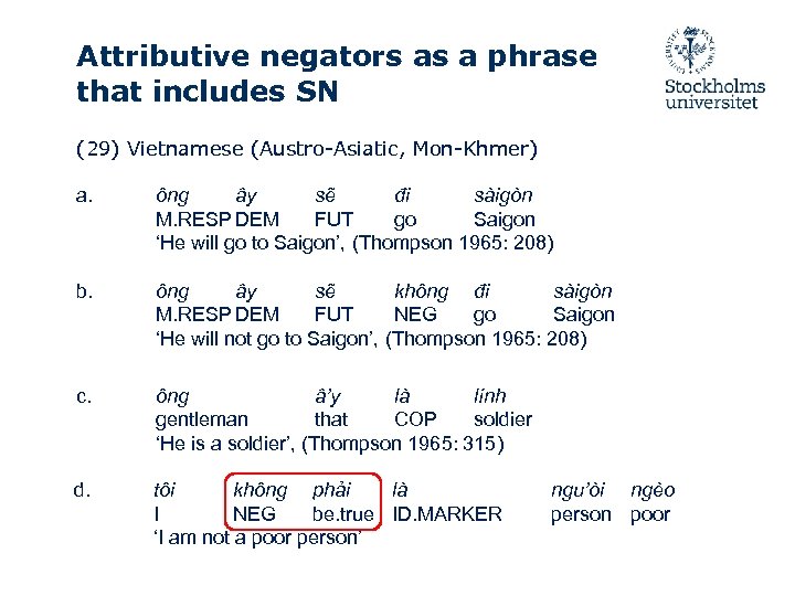 Attributive negators as a phrase that includes SN (29) Vietnamese (Austro-Asiatic, Mon-Khmer) a. ông