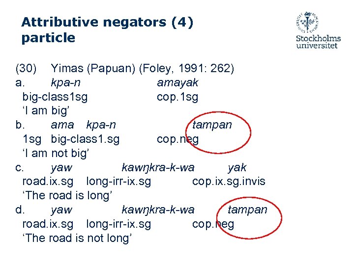 Attributive negators (4) particle (30) Yimas (Papuan) (Foley, 1991: 262) a. kpa-n amayak big-class