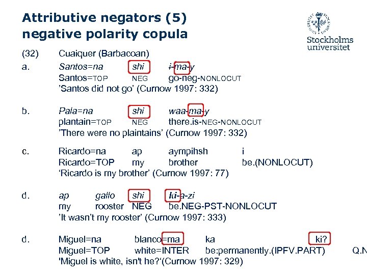 Attributive negators (5) negative polarity copula (32) a. Cuaiquer (Barbacoan) Santos=na shi i-ma-y Santos=TOP