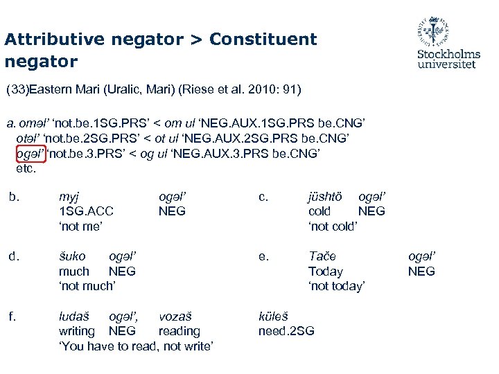 Attributive negator > Constituent negator (33)Eastern Mari (Uralic, Mari) (Riese et al. 2010: 91)