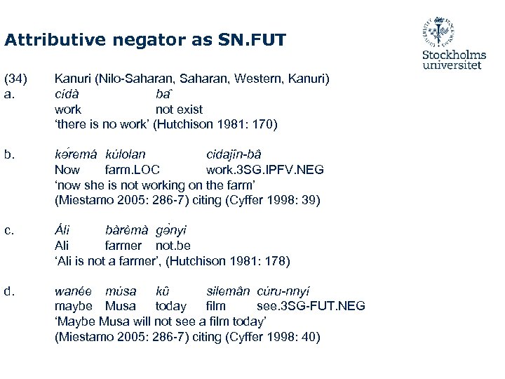 Attributive negator as SN. FUT (34) a. Kanuri (Nilo-Saharan, Western, Kanuri) cídà ba work