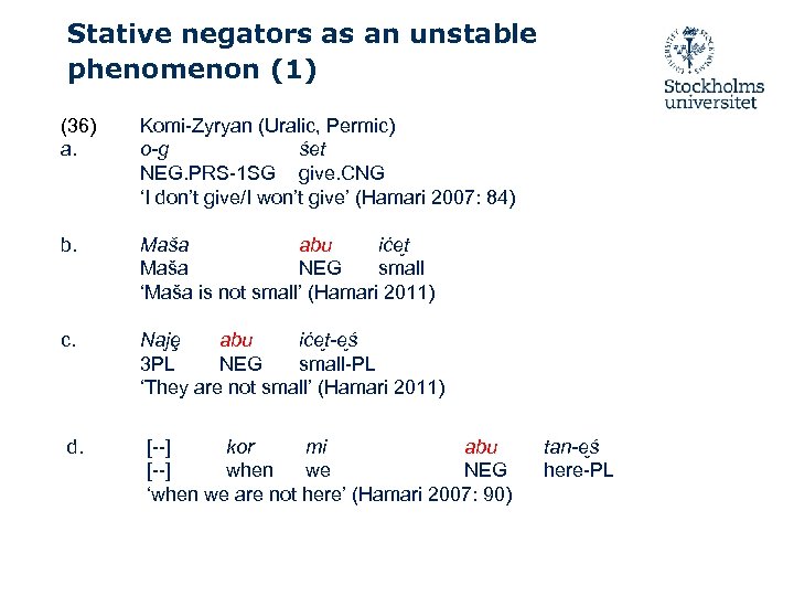 Stative negators as an unstable phenomenon (1) (36) a. Komi-Zyryan (Uralic, Permic) o-g śet