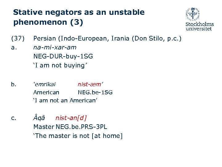 Stative negators as an unstable phenomenon (3) (37) a. b. c. Persian (Indo-European, Irania