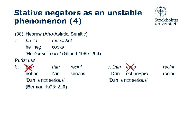 Stative negators as an unstable phenomenon (4) (38) Hebrew (Afro-Asiatic, Semitic) a. hu lo