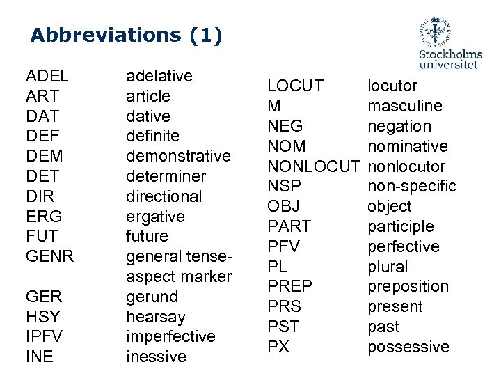 Abbreviations (1) ADEL ART DAT DEF DEM DET DIR ERG FUT GENR GER HSY