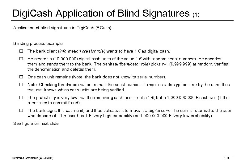 Digi. Cash Application of Blind Signatures (1) Application of blind signatures in Digi. Cash
