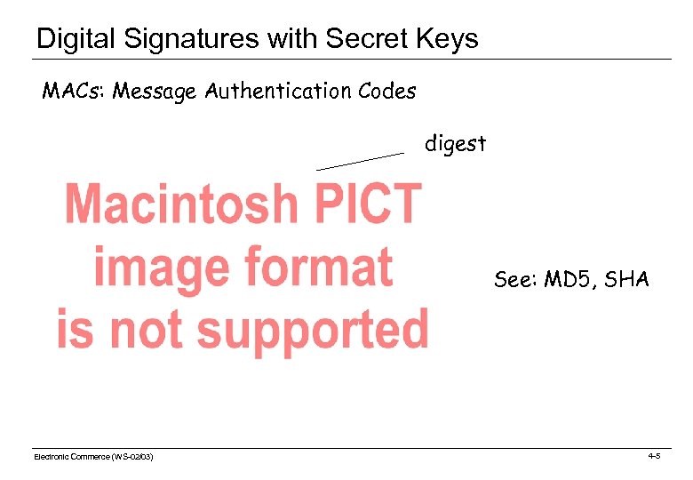 Digital Signatures with Secret Keys MACs: Message Authentication Codes digest See: MD 5, SHA