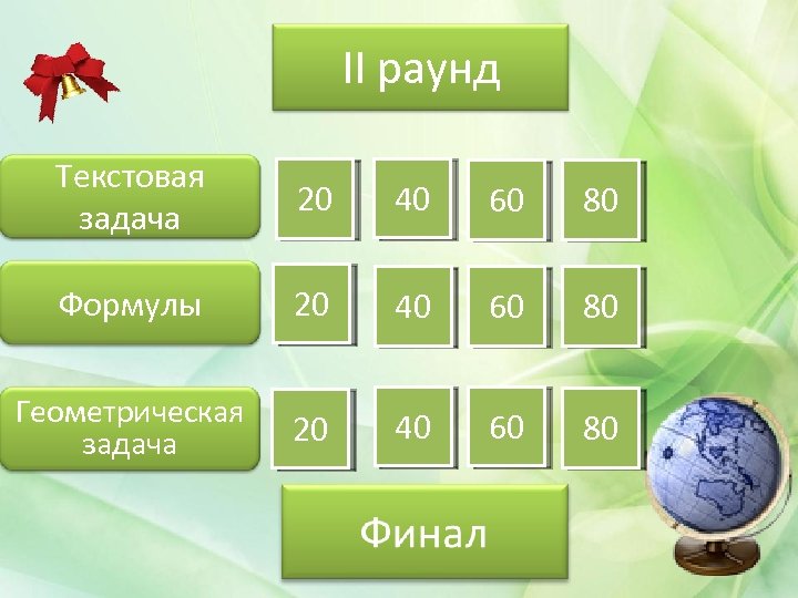 II раунд Текстовая задача 20 40 60 80 Формулы 20 40 60 80 Геометрическая