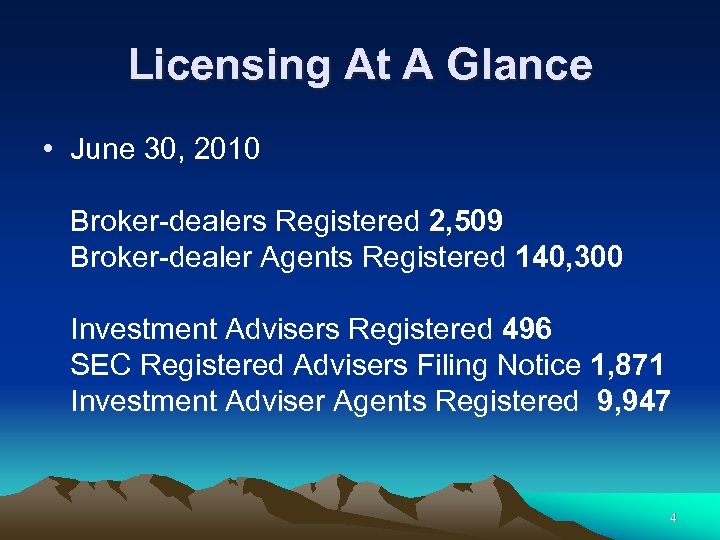 Licensing At A Glance • June 30, 2010 Broker-dealers Registered 2, 509 Broker-dealer Agents