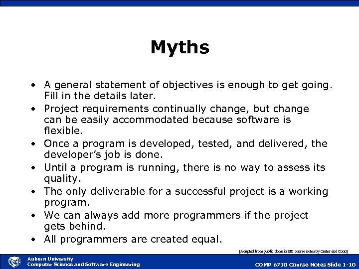 Myths • A general statement of objectives is enough to get going. Fill in