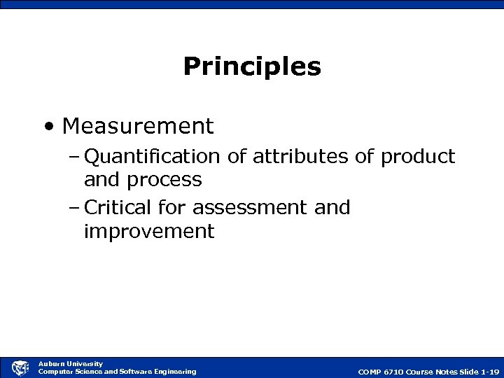 Principles • Measurement – Quantification of attributes of product and process – Critical for