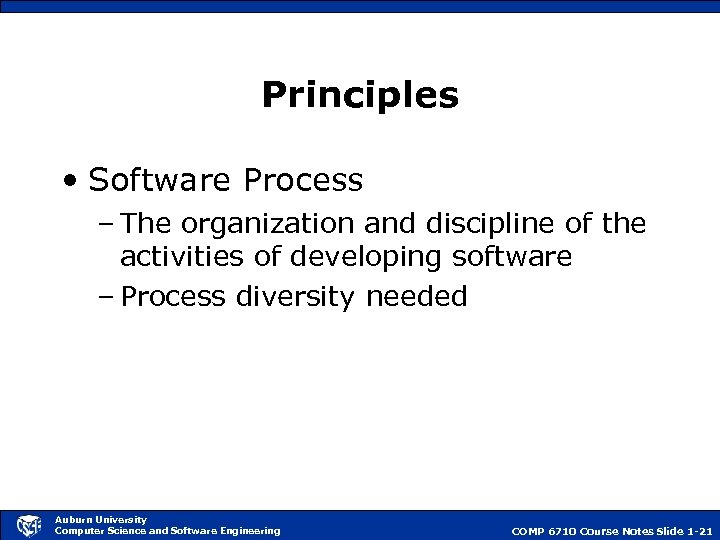 Principles • Software Process – The organization and discipline of the activities of developing