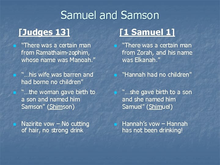 Samuel and Samson [Judges 13] n n “There was a certain man from Ramathaim-zophim,