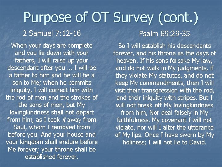 Purpose of OT Survey (cont. ) 2 Samuel 7: 12 -16 Psalm 89: 29