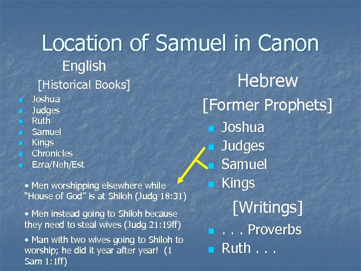 Location of Samuel in Canon English Hebrew [Historical Books] n n n n Joshua