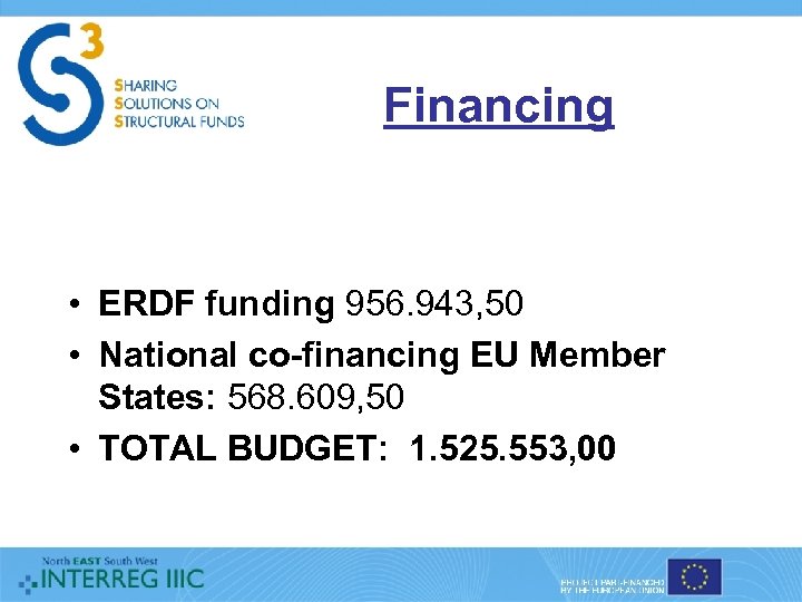 Financing • ERDF funding 956. 943, 50 • National co-financing EU Member States: 568.