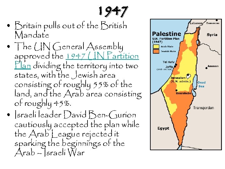 1947 • Britain pulls out of the British Mandate • The UN General Assembly