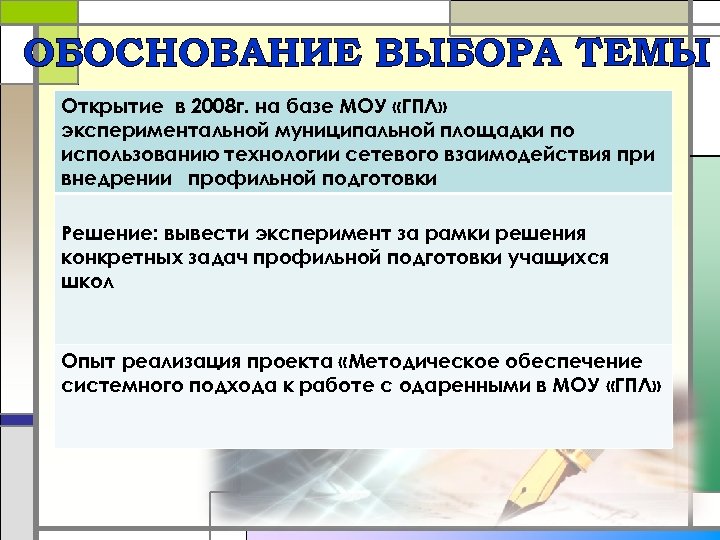 ОБОСНОВАНИЕ ВЫБОРА ТЕМЫ Открытие в 2008 г. на базе МОУ «ГПЛ» экспериментальной муниципальной площадки