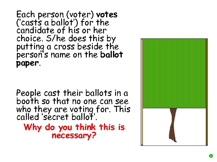 Each person (voter) votes (‘casts a ballot’) for the candidate of his or her