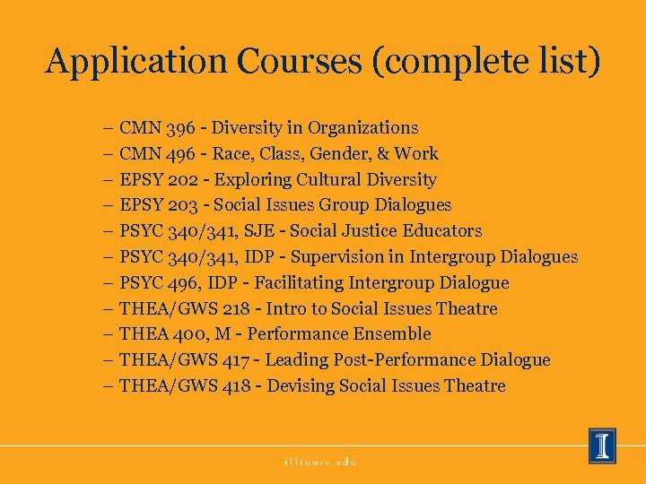 Application Courses (complete list) – – – CMN 396 - Diversity in Organizations CMN