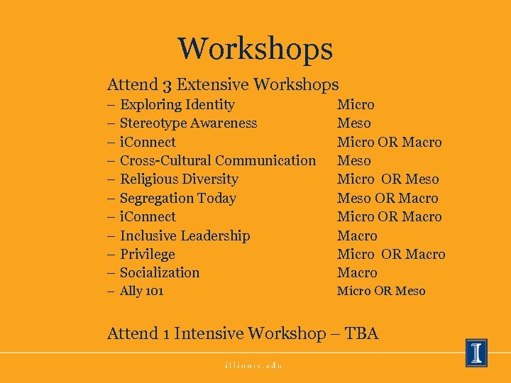 Workshops Attend 3 Extensive Workshops – – – – – Exploring Identity Stereotype Awareness