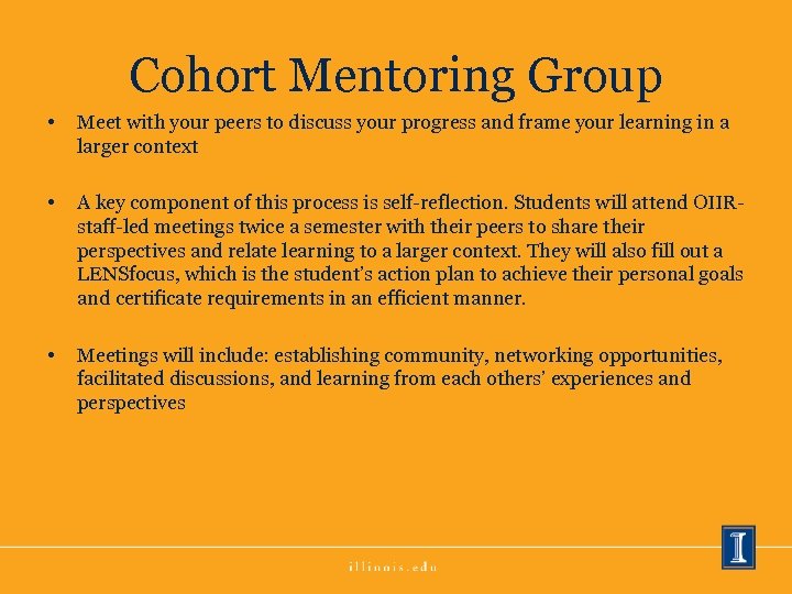 Cohort Mentoring Group • Meet with your peers to discuss your progress and frame