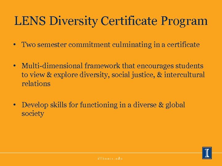 LENS Diversity Certificate Program • Two semester commitment culminating in a certificate • Multi-dimensional