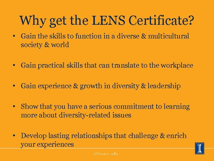 Why get the LENS Certificate? • Gain the skills to function in a diverse