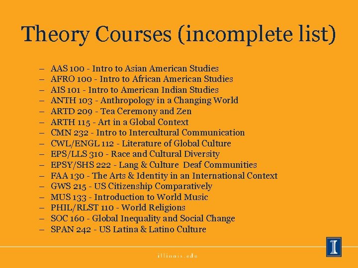 Theory Courses (incomplete list) – – – – AAS 100 - Intro to Asian