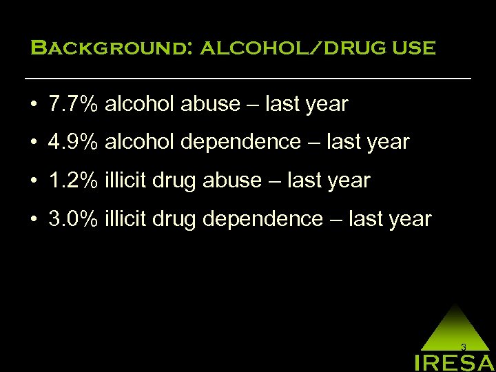 Background: ALCOHOL/DRUG USE • 7. 7% alcohol abuse – last year • 4. 9%