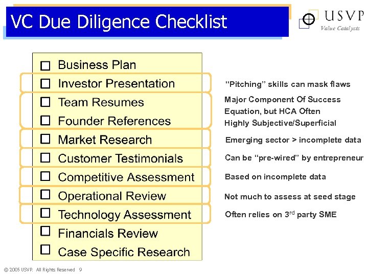 VC Due Diligence Checklist Value Catalysts “Pitching” skills can mask flaws Major Component Of