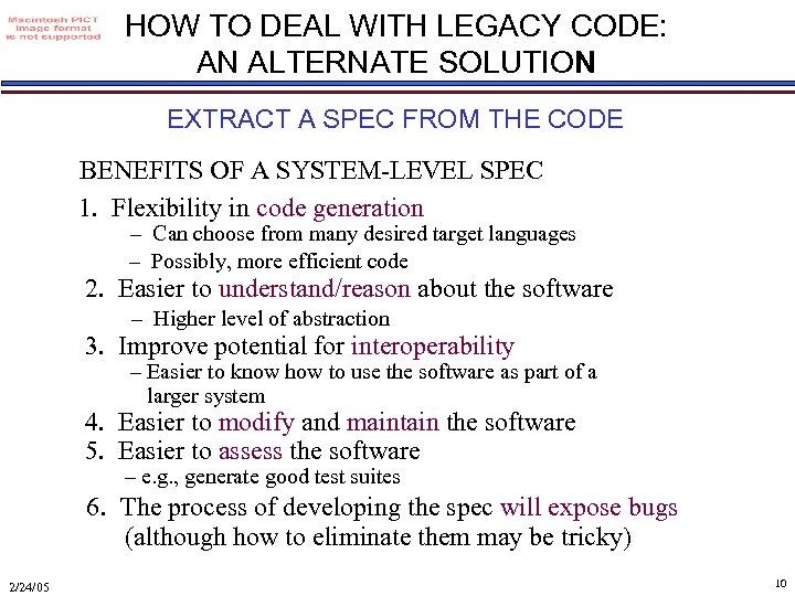 HOW TO DEAL WITH LEGACY CODE: AN ALTERNATE SOLUTION EXTRACT A SPEC FROM THE