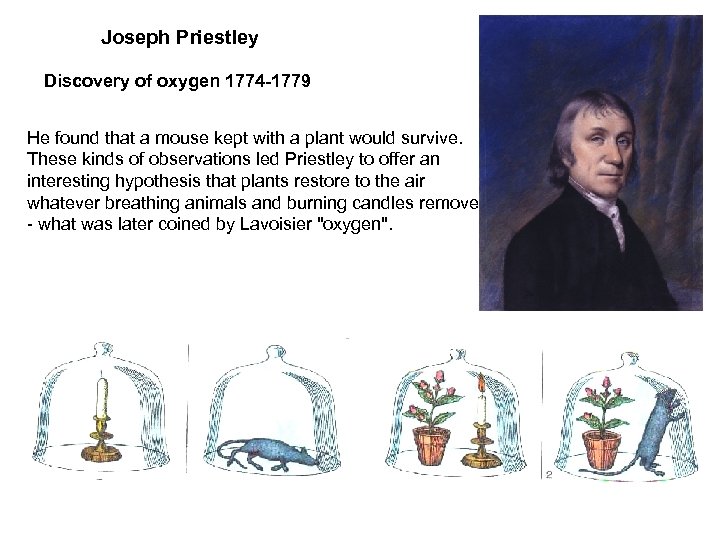 Joseph Priestley Discovery of oxygen 1774 -1779 He found that a mouse kept with