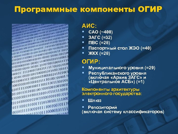 Программные компоненты ОГИР АИС: § § § САО (~400) ЗАГС (=32) ПВС (=28) Паспортный