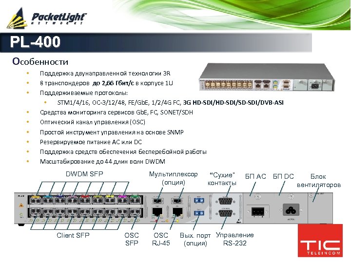 PL-400 Особенности • • • Поддержка двунаправленной технологии 3 R 8 транспондеров до 2,