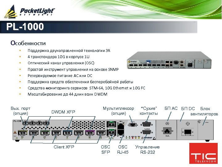 PL-1000 Особенности • • Поддержка двунаправленной технологии 3 R 4 транспондера 10 G в