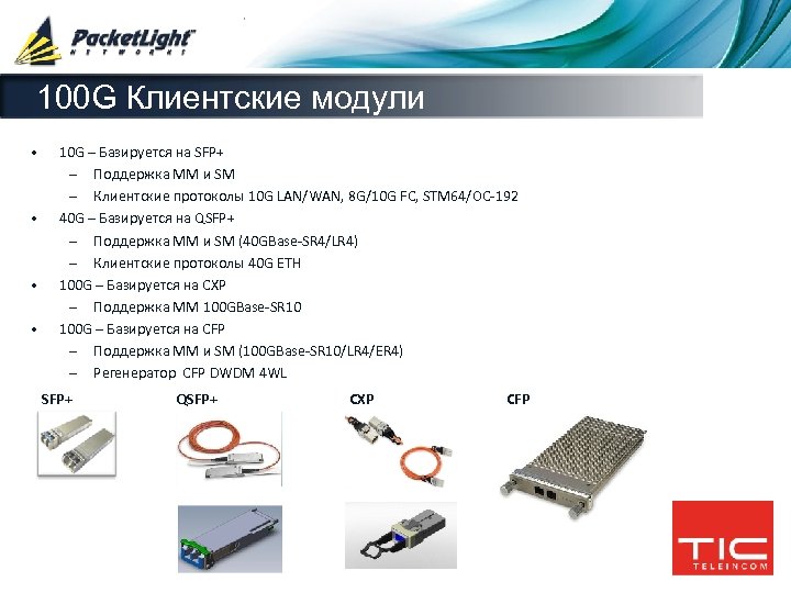 100 G Клиентские модули • • 10 G – Базируется на SFP+ – Поддержка